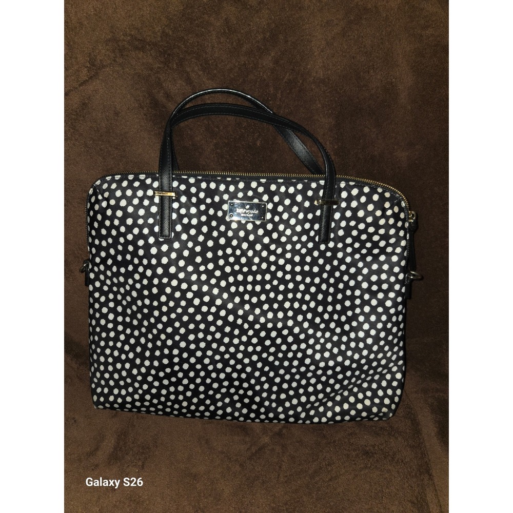 6. Kate Spade New York Polka Dot Nylon Laptop Bag Briefcase Black White Gold